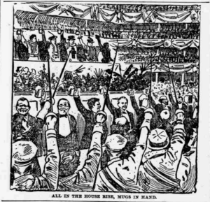 Illustration of the celebration of Rudolf Virchow’s 70th birthday from the Pittsburgh Dispatch (3 April 1892). Twain sitting third from the left, raising a beer mug. Source: Pittsburgh Dispatch, 3 April 1892, 19, https://chroniclingamerica.loc.gov/lccn/sn84024546/1892-04-03/ed-1/seq-19/.